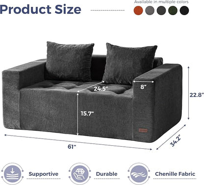 MAXYOYO Modular Sofa Couch, 61" Loveseat Boneless Cloud Couch with Deep Seat, Chenille Upholstered Living Room Comfy Sofa Chair for Living Room, No Assembly Required, Dark Grey