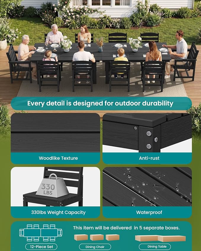 SERWALL Outdoor Dining Sets for 10, HDPE Dining Set with 2 Tables, 8 Armless Chairs and 2 Armed Dining Chairs, Black