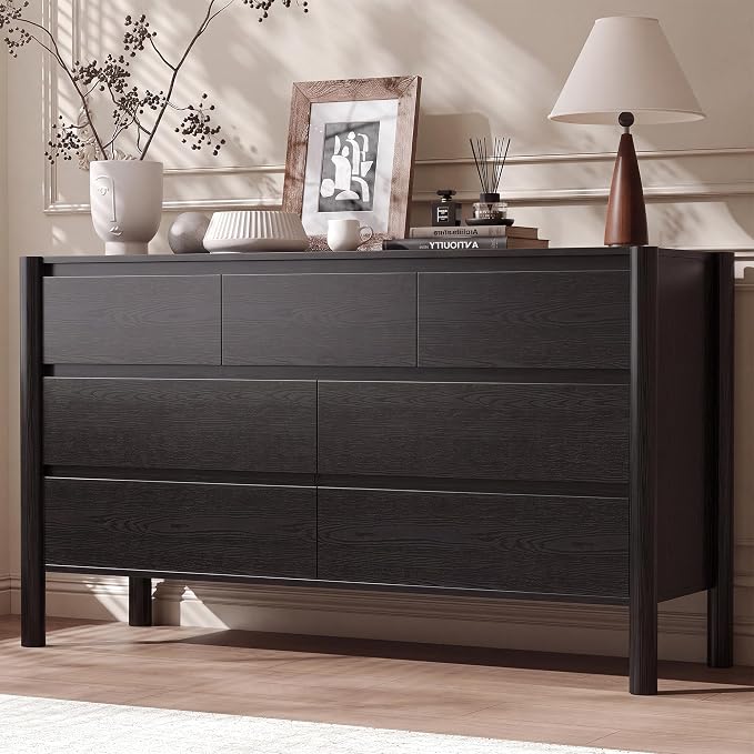 CHUWELL 3-Piece Bedroom Dresser Set-7 Drawer Dresser & 2 Nightstands,51" Wide Black Dresser and Night Stands Set with Solid Wood Cylindrical Legs