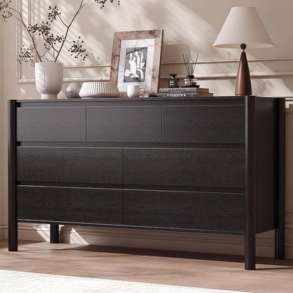 CHUWELL 3-Piece Bedroom Dresser Set-7 Drawer Dresser & 2 Nightstands,51" Wide Black Dresser and Night Stands Set with Solid Wood Cylindrical Legs