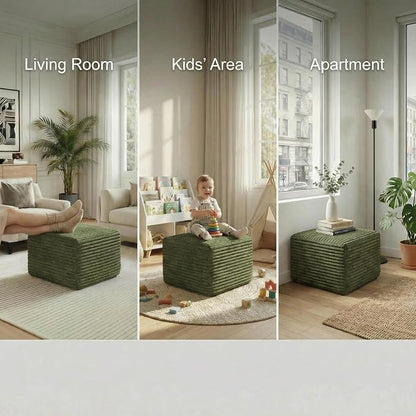 25.6 inch Plush Corduroy Ottoman, Modular Sectional Foot Rest for Living Room, Upholstered Cloud Ottoman for Boneless Couch in a Box, Compressed Memory Foam, No Assembly Require, Green