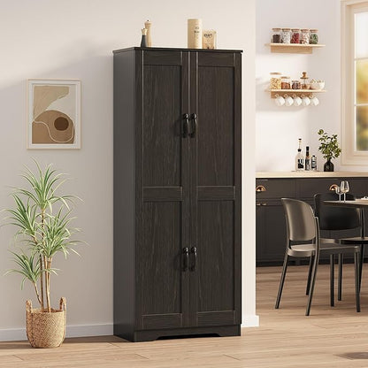 Garvee Tall Pantry Cabinet, 60" Kitchen Storage Cabinet with 2 Doors & Adjustable Shelves, Freestanding Wooden Cupboard for Bathroom，Dining Room, Living Room,Black