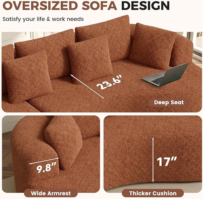 Luxanimarion 124" Curved Modular Sectional Sofa Oversized, L-Shape Boneless Couches for Living Room with Deep Seat and 7 Pillows, High-Density Memory Foam,Caramel Chenille Fabric, No Assembly Required