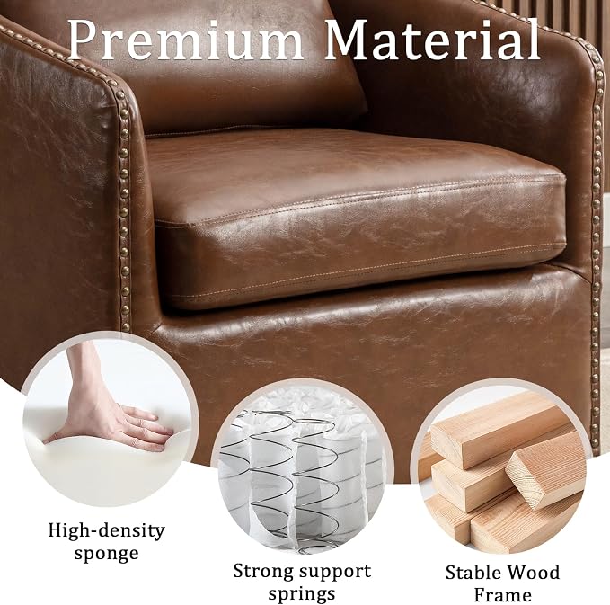 HAOMARKETS 360 Degree Swivel Accent Chair Set of 4 with Plump Back Pillow, Waterproof Oil Waxed PU Leather Armchair with Rivets, Comfy Vintage Round Barrel Chair for Living Room