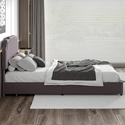 VECELO Queen Bed Frame with 4 Storage Drawers & Upholstered Platform &Tufted Adjustable Headboard/Mattress Foundation/Wood Slat Support,Easy Assembly,Dark Grey