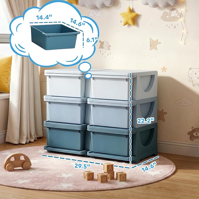 Qaba 6 Drawers Kids Storage Unit, 3 Tier Stackable Toy Organizers and Storage Chest for Bedroom, Nursery, Playroom, Living Room, Boys, Girls, Toddlers, Blue