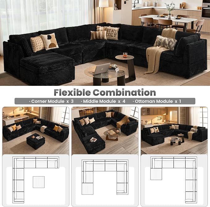 ovios Modular Sectional Sofa Couch with V-Shape Chaise Ottoman, Comfy Plush Corduroy Cloud Couches, Modern Luxury Deep Seat Sofas Set for Living Room, 8-Seater, Black