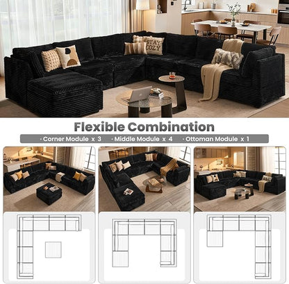 ovios Modular Sectional Sofa Couch with V-Shape Chaise Ottoman, Comfy Plush Corduroy Cloud Couches, Modern Luxury Deep Seat Sofas Set for Living Room, 8-Seater, Black
