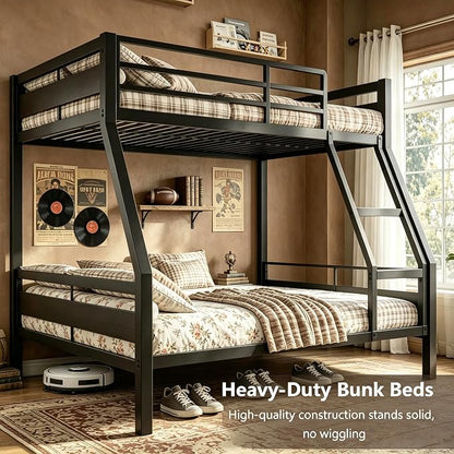 Bunk Bed Twin Over Full, Heavy Duty Metal Bunkbeds with Full-Length Guardrail, Space-Saving Steel Bed for Kids & Adults, No Box Spring Required, Black
