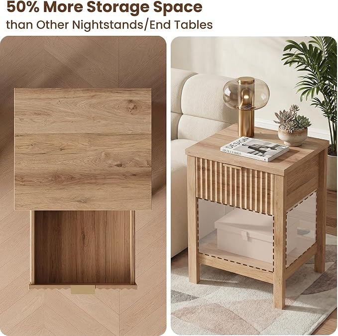 Fluted Night Stand with Golden Handle,Set of 2 Mid-Century Nightstands with Drawer, Bedside Table with Storage Shelf,Large Wood End Tables for Livingroom,Bed Side Tables for Bedroom, Natural Oak