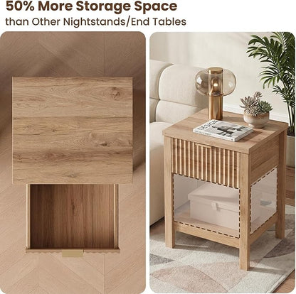 Fluted Night Stand with Golden Handle,Set of 2 Mid-Century Nightstands with Drawer, Bedside Table with Storage Shelf,Large Wood End Tables for Livingroom,Bed Side Tables for Bedroom, Natural Oak