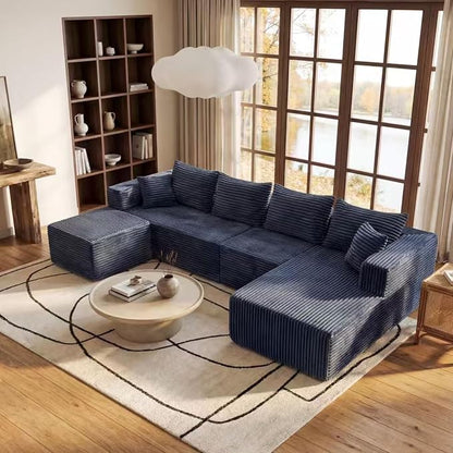 118" Modular Sectional Sofa, Boneless Compressed Sofa in a Box, U-Shaped Cloud Couch with Deep Seats & Chaise for Living Room, No Assembly Required (Blue, 118" U-Shape with Right Facing Chiase)