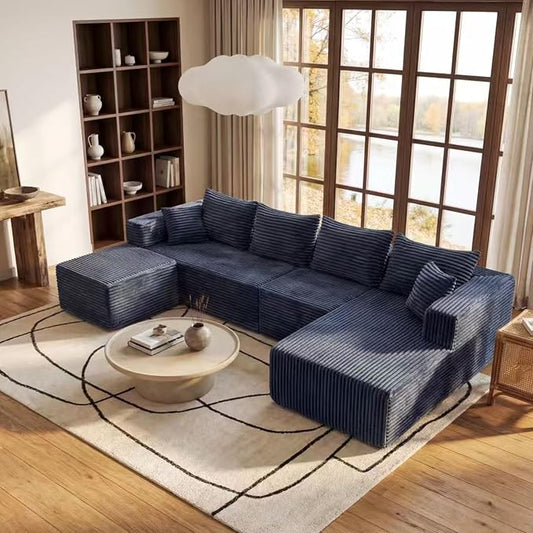 118" Modular Sectional Sofa, Boneless Compressed Sofa in a Box, U-Shaped Cloud Couch with Deep Seats & Chaise for Living Room, No Assembly Required (Blue, 118" U-Shape with Right Facing Chiase)