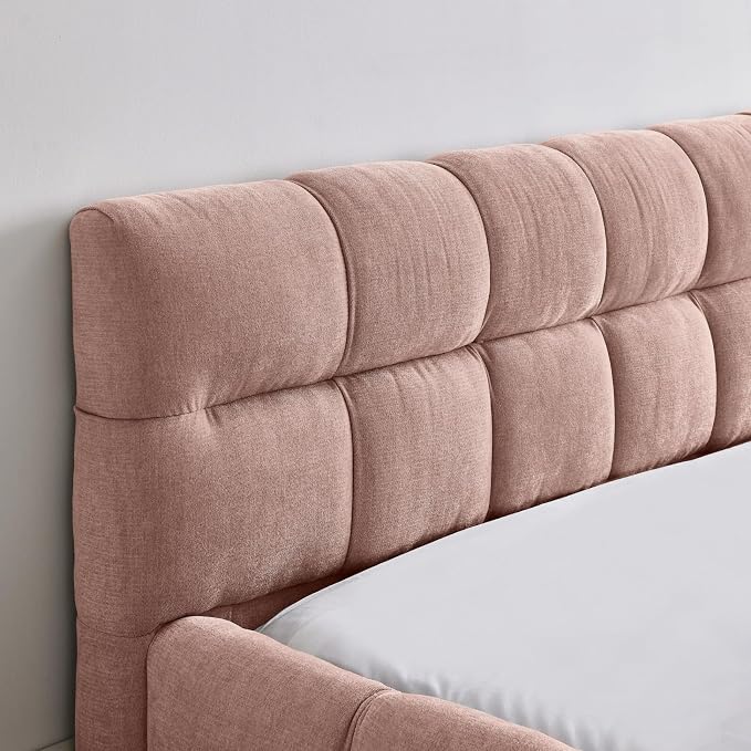 KEIKI Queen Thick Chenille Platform Bed Frame with Upholstered Tufted Headboard, Modern Solid Wood Floor Platform for Bedroom, No Box Spring Needed