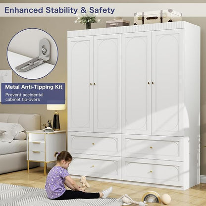 Bedroom Armoire Wardrobe Closet: 63" White Wardrobe Closet with Drawers, Wooden Closets Cabinet for Hanging Clothes, Large Wardrobes Armoires with Doors and Shelves(White)