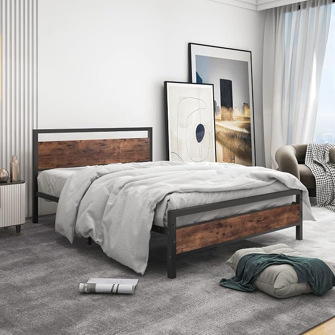 BOFENG Full Size Bed Frame with Wood Headboard,Heavy Duty Platform Bed Frame Full with Storage No Box Spring Needed,Reinforced Steel Slats Support,Mattress Foundation,Rustic Brown