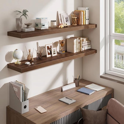 Fun Memories 55 Inch Fireplace Mantel Shelf, 10 Inch Deep Shelves for Display & Wall Storage, Rustic Wood Wall Shelf, Extra Long Floating Shelves for Living Room Laundry Room, Walnut, Set of 2