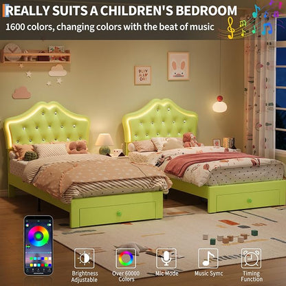 Twin Size Bed Frame for Girls with Storage Drawers & LED Lights, Upholstered Platform Bed, Velvet Crystal Button Princess Bed, Noise-Free Slats, No Box Spring Needed for Kids, Teens, Avocado Green