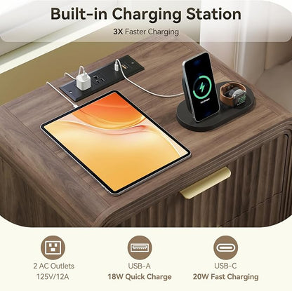 Decofy Fluted Nightstand with Charging Station, Modern Bedroom Side Table with Gold Handles, Curved Profile Design, End Table Wood Organizer for Bedroom, 19.7" & 3 Drawers (1 Pack, Walnut)