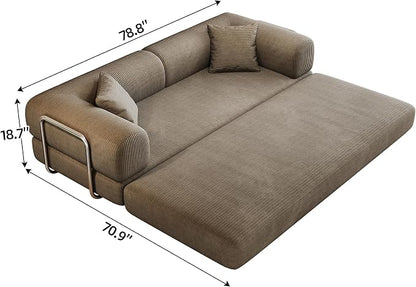 JINGLING 79" Queen Sleeper Sofa Bed with Memory Foam, Compressed Couch in a Box, Foldable Convertible Small Couches for Small Spaces Bedroom Game Room, Corduroy Fabric, Camel