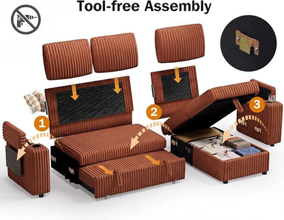 Vipbear 86" Modular Sectional Sleeper Sofa with Pull Out Bed, 3 Seat Plush Corduroy L Shaped Couch with Storage Chaise|USB Ports|Cup Holders|Side Table|Storage Armrests, Tool Free Assembly, Orange