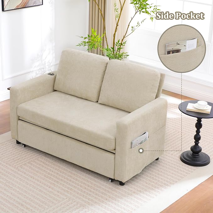 3 in 1 Folding Convertible Sleeper Sofa Bed Pull Out Couch with USB Port Side Pockets Side Table Loveseat Sofa Bed with Adjustable Backrest for Living Room Bedroom Office 66" Lightbrown 2 SEAT