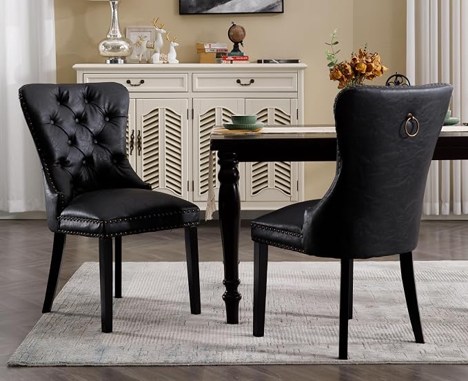 EALSON Modern Black Dining Chairs Set of 2 Mid Century Leather Dining Room Chairs with Wood Legs Tufted Upholstered Kitchen Side Chairs with Nail Head Trim for Dining Room/Living Room, Back with Ring