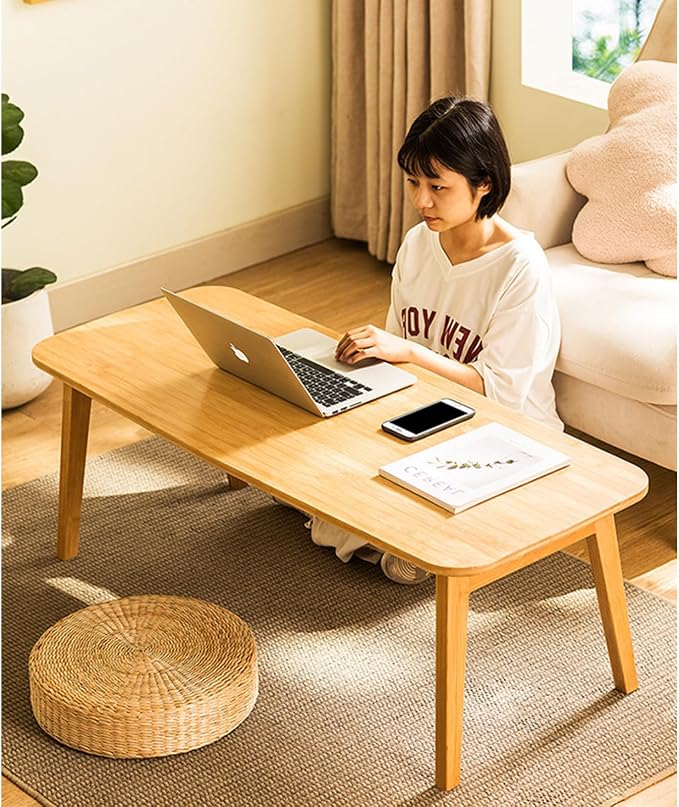 Baveke Folding Coffee Table- Foldable Floor Tables, Mid Century Coffee Table for Living Room, Small Coffee Tables Solid Wood Japanese Low Table for Sitting on Floor, No Assembly, 47.2''-Natural