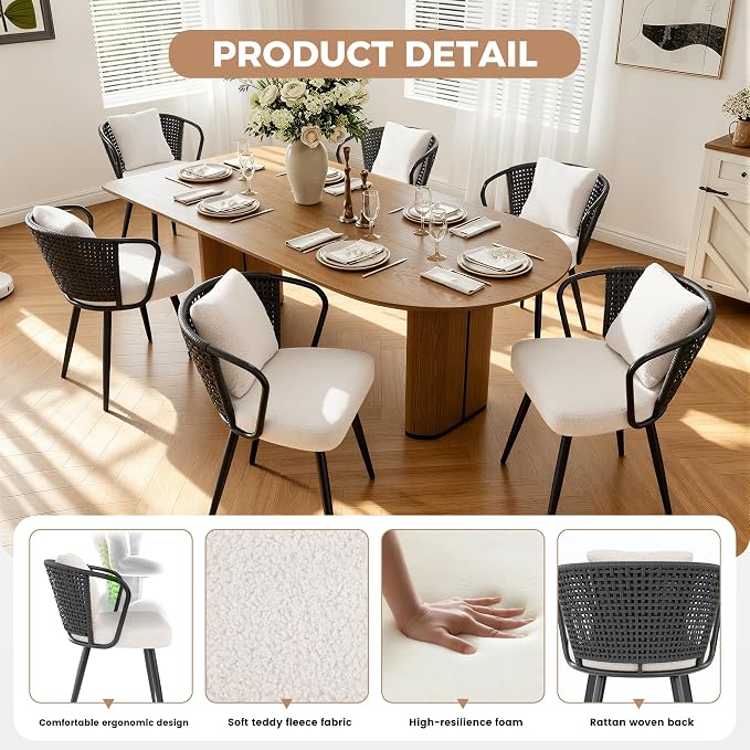 Rattan Dining Chairs Set of 2, Upholstered Kitchen Chair with Metal Legs, Ergonomic Curved Backrest, Mid Century Modern Living Room Chairs with Throw Pillow, Black