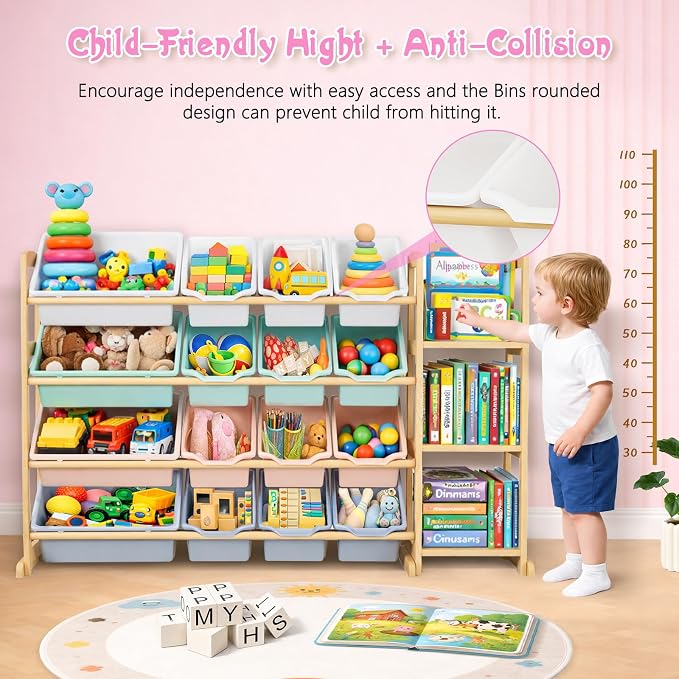 Kids Toy Storage Organizer with Bookshelf – Wooden Shelf with 16 Bins & 3 Shelves, Quick Assembly Storage Rack for Playroom, Bedroom, Nursery– Colorful