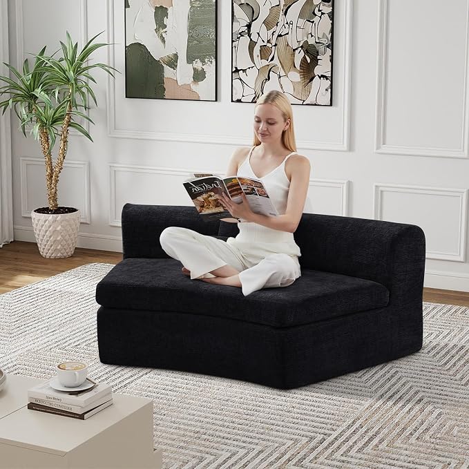 AVZEAR Curved Modular Sectional Sofa, Chenille Upholstered Cloud 1 Seater Couch for Living Room, No Assembly Modern Love Seat Sofa with 1 Bolster Pillows & 1 Square Pillows, High-Density Foam, Black