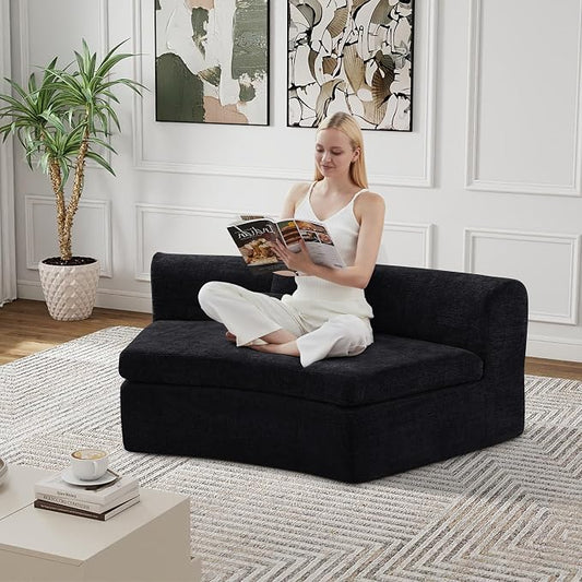 AVZEAR Curved Modular Sectional Sofa, Chenille Upholstered Cloud 1 Seater Couch for Living Room, No Assembly Modern Love Seat Sofa with 1 Bolster Pillows & 1 Square Pillows, High-Density Foam, Black