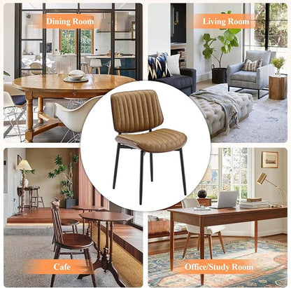 MALOL Leather Dining Chairs Set of 2, Modern Upholstered Dining Room Kitchen Chairs with Metal Legs and Wooden Back Support for Home Dining Room/Restaurant, Light Brown