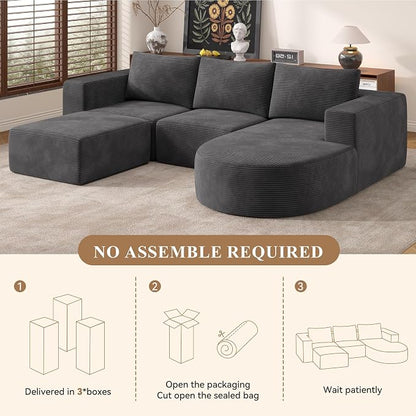 Boneless Couches for Living Room with Chaise,104" Modular Sectional Sofa with Convertible Ottoman,Cozy Cloud Couch with U-Shaped,Sponge Compression Sofas in a Box,No Assembly Required(Gray) 1pcs