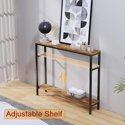 Timberer Narrow Console Table, 39.4” Sofa Table with Adjustable Shelf, 2-Tier Long Skinny Table for Hallway, Entryway, Living Room, Foyer, Rustic Brown