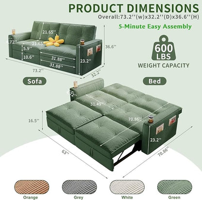 73.2'' Futon Sofa Bed Full Size, Pre-Assembled Pull Out Couch, Adjustable Backrest, Corduroy Convertible Sleeper Sofa, 2 Cup Holders, Pockets, USB, Loveseat for Living Room, Apartment, Green | Soft Material