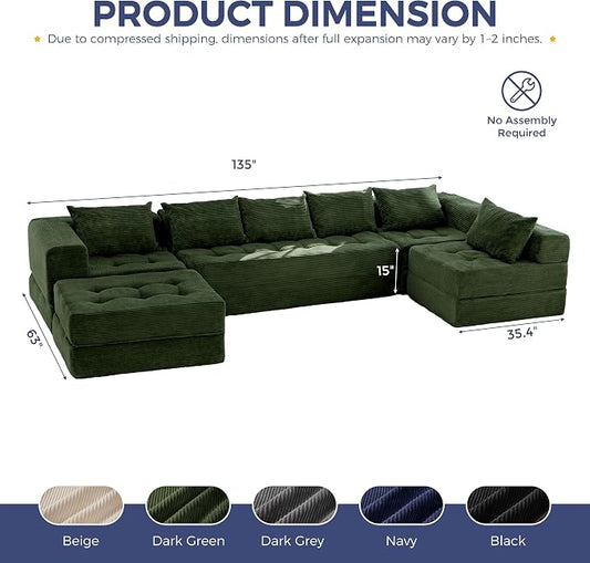 MAXYOYO Modular Sectional Sofa Couch, Foldable U Shaped Cloud Couch with Pillows, Tufted 7-Seat Boneless Lounger Floor Sofa Bed for Living Room, No Assembly Required, Dark Green