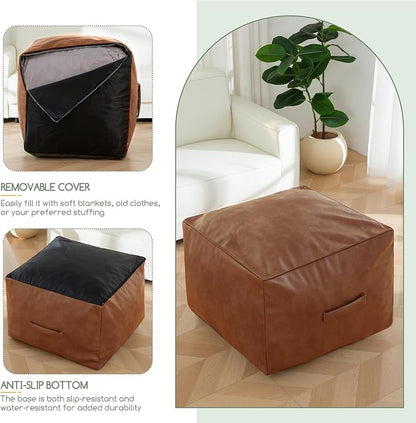 HIGOGOGO Square Stuffed Pouf Ottoman, Pu Leather Poufs with Foam Chunk Filling, Furry and Fluffy Pouf Foot Stool Storage Ottoman,26x18 Inches Floor Poufs Foot Rest for Living Room, Brown