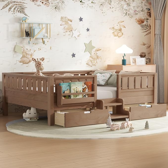 Bellemave Full Floor Bed with Stairs, Rails and Slats, Full Size Montessori Floor Bed with Bookshelf and 2 Storage Drawers, Easy Assemble Montessori Beds Frame for Girls, Boys, Natural