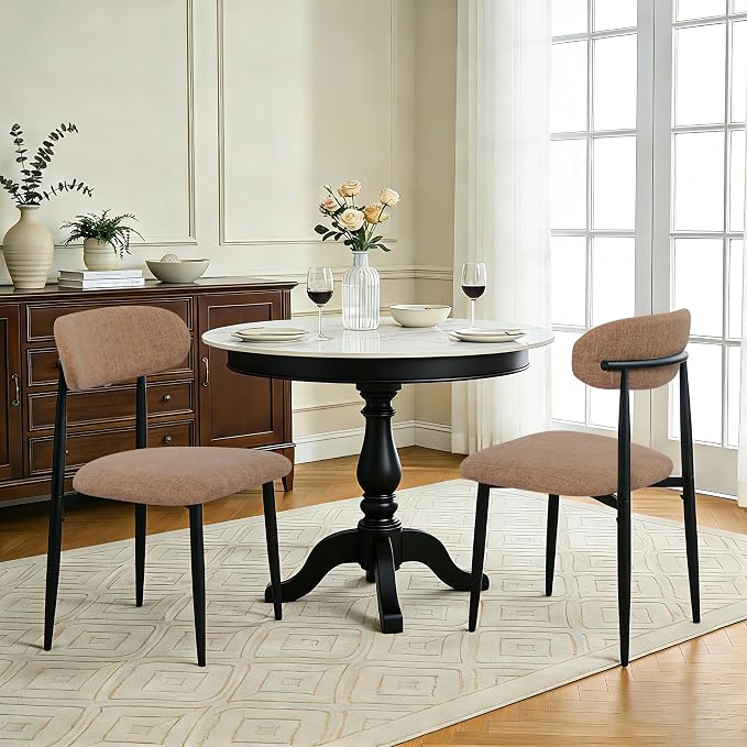 FREKEN Modern Upholstered Dining Chairs Set of 2, Mid-Century Metal Frame Linen Fabric Side Chair for Kitchen Dining Room, 350lbs Capacity, Brown