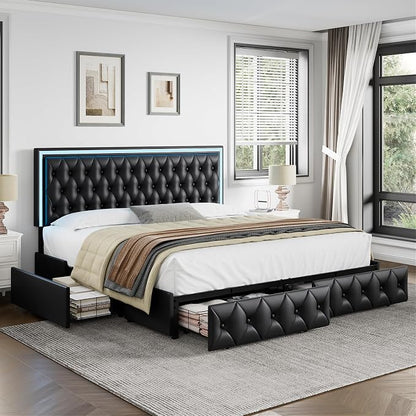 Keyluv Queen Size LED Bed Frame with 4 Storage Drawers and Adjustable Headboard, PU Leather Upholstered Button Tufted Modern Platform Bed, Solid Wooden Slats Support, Easy Assembly, Black