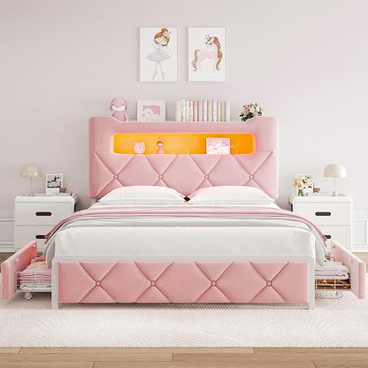 Queen Upholstered LED Bed Frame with 2 Storage Drawers and 2-Tier Storage Headboard,Velvet Princess Platform Bed with Charging Station & Bookcase, Corner Bed Frame, Heavy Duty Metal Support, Pink