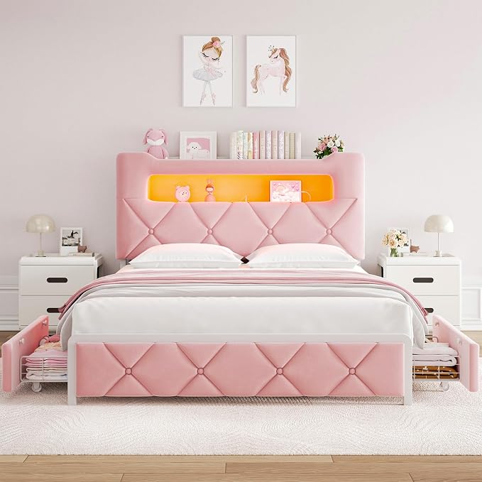 Full Upholstered LED Bed Frame with 2 Storage Drawers and 2-Tier Storage Headboard, Velvet Princess Platform Bed with Charging Station & Bookcase, Heavy Duty Metal Support, No Box Spring Needed, Pink