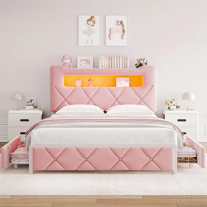 Full Upholstered LED Bed Frame with 2 Storage Drawers and 2-Tier Storage Headboard, Velvet Princess Platform Bed with Charging Station & Bookcase, Heavy Duty Metal Support, No Box Spring Needed, Pink