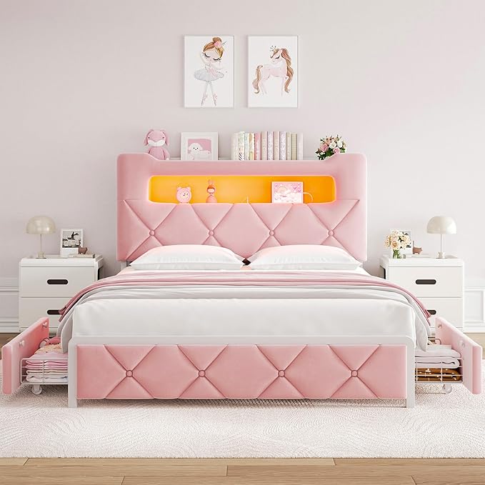 Full Upholstered LED Bed Frame with 2 Storage Drawers and 2-Tier Storage Headboard, Velvet Princess Platform Bed with Charging Station & Bookcase, Corner Bed Frame, Heavy Duty Metal Support, Pink