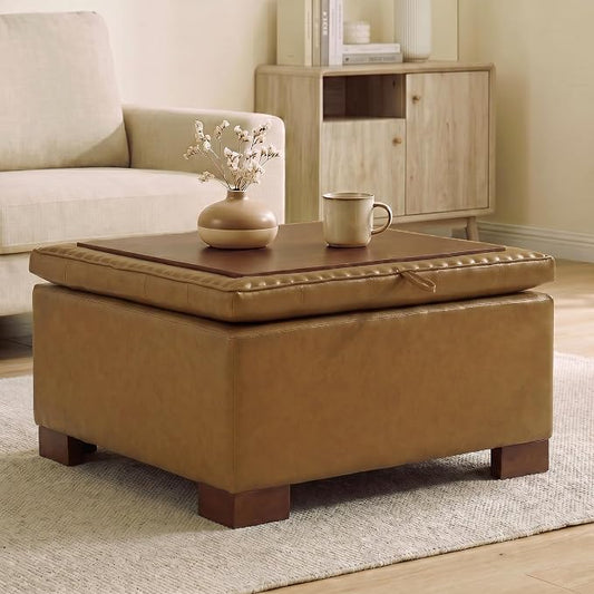 24 Inch Square Storage Ottoman Coffee Table, Modern Tufted Upholstered Ottoman with Flip Tray and Solid Wood Legs, Suitable for Living Rooms, Faux Leather Brown