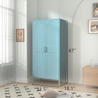 67" Industrial Lockable Metal 2-Door Wardrobe Storage Cabinet with Hanging Rod & Adjustable Shelves, Heavy Duty Multipurpose for Bedroom, Garage, Home Office, Blue 67" H X 31.5" W X 18.1" D