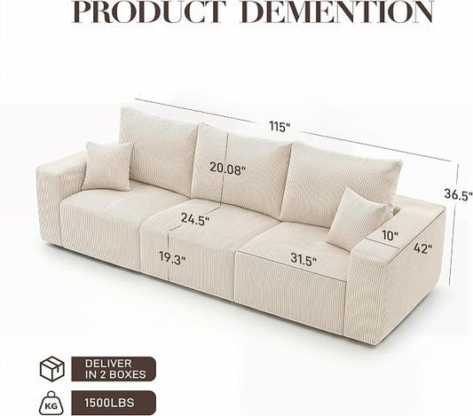 Modular Sectional Sofa, 115" Memory Foam Cloud 3-Seater Boneless Couch, Cozy Upholstered Corduroy Frameless Sofa, No Assembly Required Extra Wide Seating for Living Room & Apartment, Beige