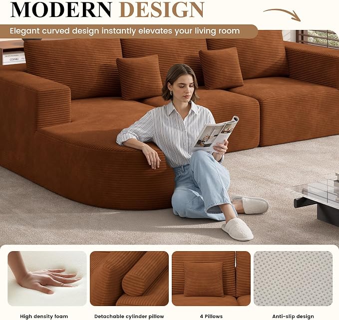 Modern U Shaped Modular Sectional Sofa, Convertible Oversized Cloud Couches for Living Room, Comfy 8 Seater Corduroy Boneless Couch Sofa Set, No Assembly Required, Beige 1 PCS