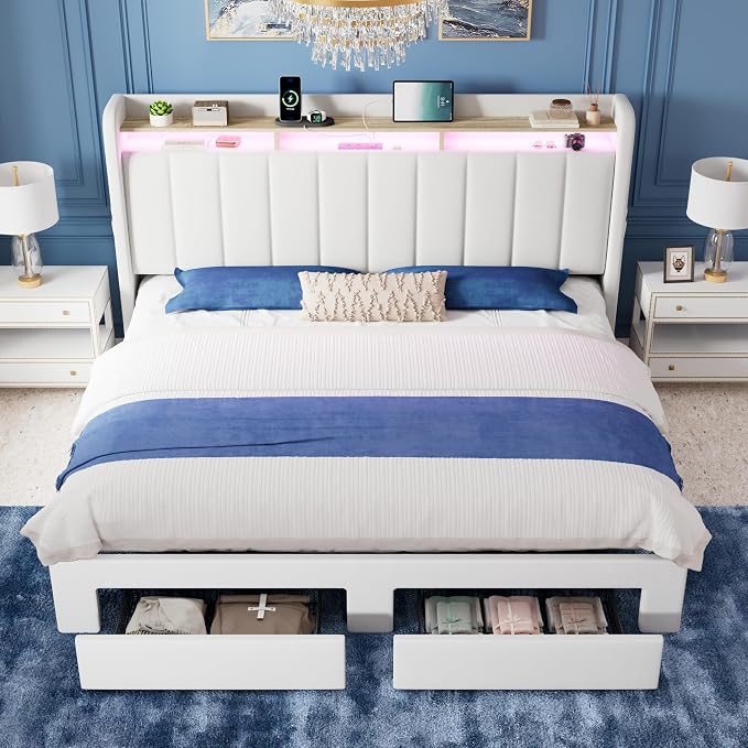 Allewie King Size Bed Frame with 2-Tier LED Storage Headboard, Velvet Upholstered King Platform Bed with 2 Storage Drawers, USB & Type-C Charging Ports, Noise-Free/No Box Spring Needed, White